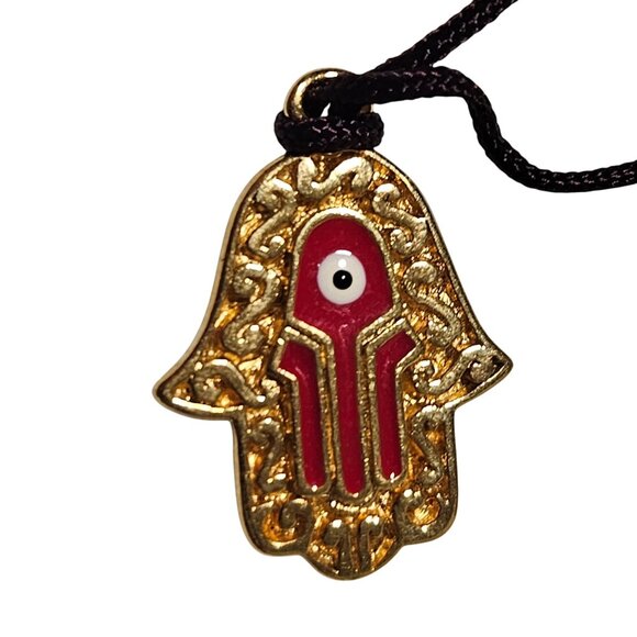 Hamsa Evil Eye Pendant Necklace Gold Red Black Cord Hand of Fatima Ethnic - Picture 3 of 6